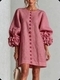3D Floral Lantern-Sleeve Cotton-Linen Short Dress
