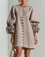 3D Floral Lantern-Sleeve Cotton-Linen Short Dress
