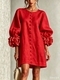 3D Floral Lantern-Sleeve Cotton-Linen Short Dress