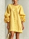 3D Floral Lantern-Sleeve Cotton-Linen Short Dress