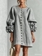 3D Floral Lantern-Sleeve Cotton-Linen Short Dress