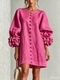 3D Floral Lantern-Sleeve Cotton-Linen Short Dress