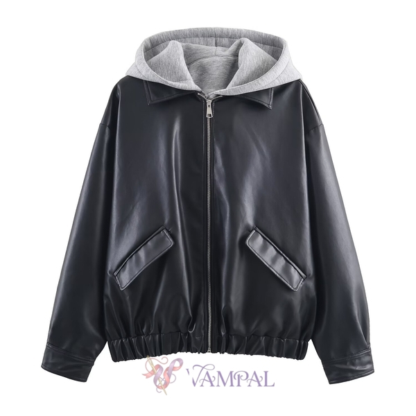 As shown Spliced Leather-Effect Jacket Coat