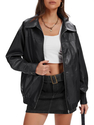 Loose Long Sleeve Leather Jacket With Lapel Collar And Zip Side Pockets