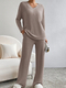 Ribbed Knit V-Neck Two-Piece Set With Straight-Leg Pants