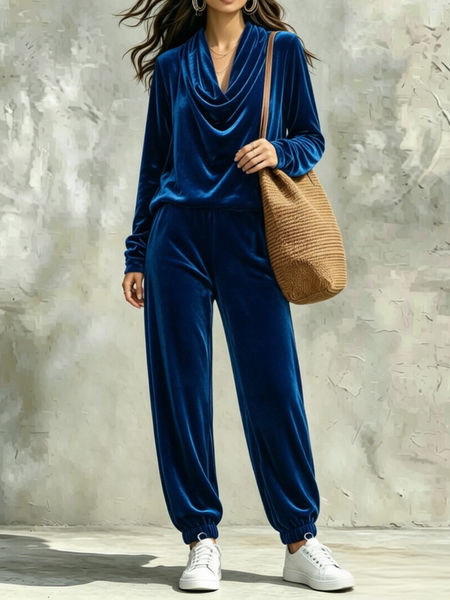 Women's Casual Cowl Neck Long Sleeve Top And Jogger Pants Set