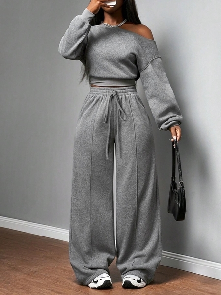 Gray One-Shoulder Off-Shoulder Knit Two-Piece Set For Women