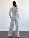 Off-Shoulder Knit Two-Piece Set Women Slim Fit Long Sleeve Top Wide Leg Pants