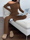 Off-Shoulder Knit Two-Piece Set Women Slim Fit Long Sleeve Top Wide Leg Pants