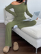 Off-Shoulder Knit Two-Piece Set Women Slim Fit Long Sleeve Top Wide Leg Pants
