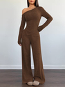 Off-Shoulder Knit Two-Piece Set Women Slim Fit Long Sleeve Top Wide Leg Pants