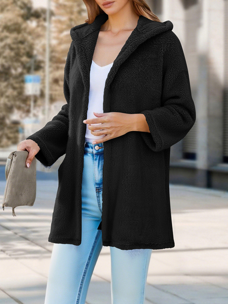 Women's Fleece Hooded Cardigan Mid-Length Coat