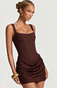Square Neck Sleeveless High Waist Pleated Bodycon Short Dress