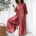 Solid Color Cotton Linen Long Sleeve Mid-Length Shirt Jumpsuit For Women