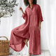 Solid Color Cotton Linen Long Sleeve Mid-Length Shirt Jumpsuit For Women