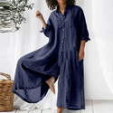 Solid Color Cotton Linen Long Sleeve Mid-Length Shirt Jumpsuit For Women
