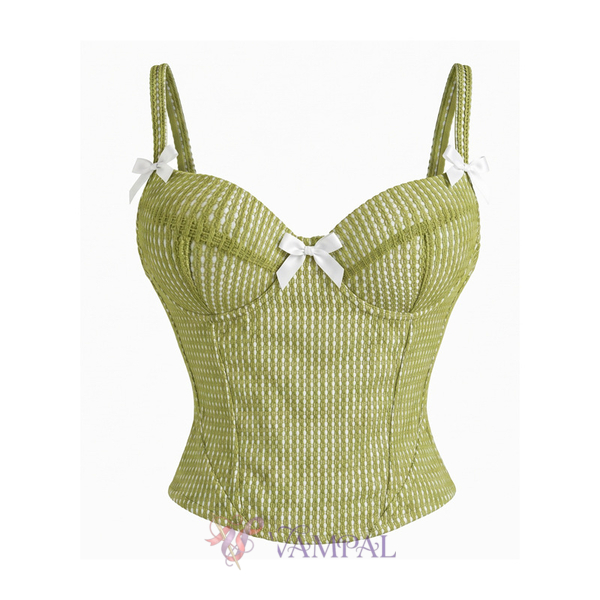 Green Green Striped Fishbone Corset Open-Back Camisole Top