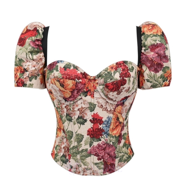 Multi-color Vintage Oil Painting Corset Top With Sleeves