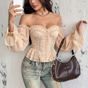 Schulterfreies Chiffon Puffärmel Top