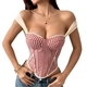 Vintage French Jacquard Plaid Strapless Corset Camisole With Bra Pads