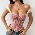 Vintage French Jacquard Plaid Strapless Corset Camisole With Bra Pads