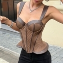 Vintage Striped Faux Leather Trim Steel Boned Waist Trainer Corset