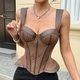 Vintage Striped Faux Leather Trim Steel Boned Waist Trainer Corset