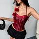 Strapless Satin Corset Crop Top With 3D Flower Detail