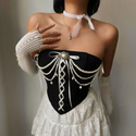 Schwarzes Vintage Samt Gespleißtes Perlenkette Off-Shoulder Korsett Top