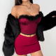 Red Spliced Fur Trim Corset Top With Chest Pads