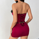 Red Spliced Fur Trim Corset Top With Chest Pads
