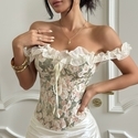French Oil Painting Rose Off-Shoulder Corset Top With Ruffle Trim