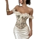 French Oil Painting Rose Off-Shoulder Corset Top With Ruffle Trim