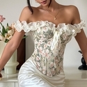 French Oil Painting Rose Off-Shoulder Corset Top With Ruffle Trim