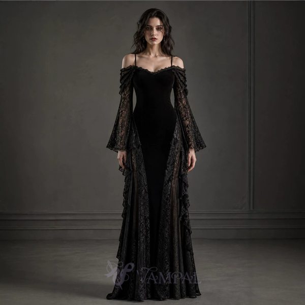 [US/EU-Größen] OM164-Schwarz Gothic Dark Velvet Spitzenkleid Hexen-Cosplay-Kostüm