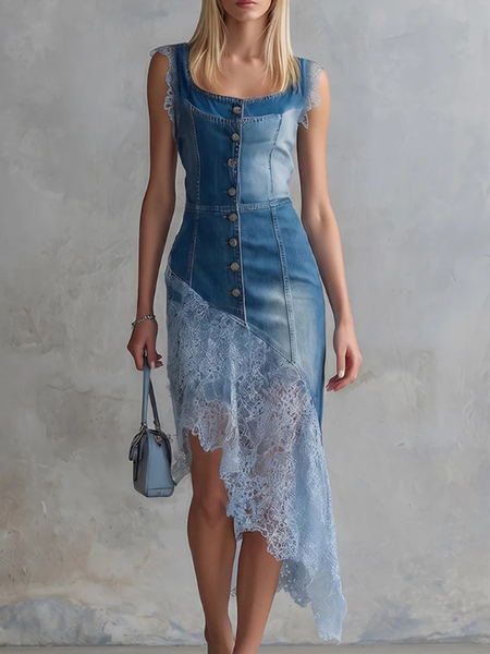 Blue Vintage Elegant Lace-Trim Asymmetric Hem Blue Denim Midi Skirt