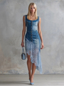 Blue Vintage Elegant Lace-Trim Asymmetric Hem Blue Denim Midi Skirt