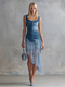 Blue Vintage Elegant Lace-Trim Asymmetric Hem Blue Denim Midi Skirt