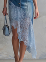 Blue Vintage Elegant Lace-Trim Asymmetric Hem Blue Denim Midi Skirt