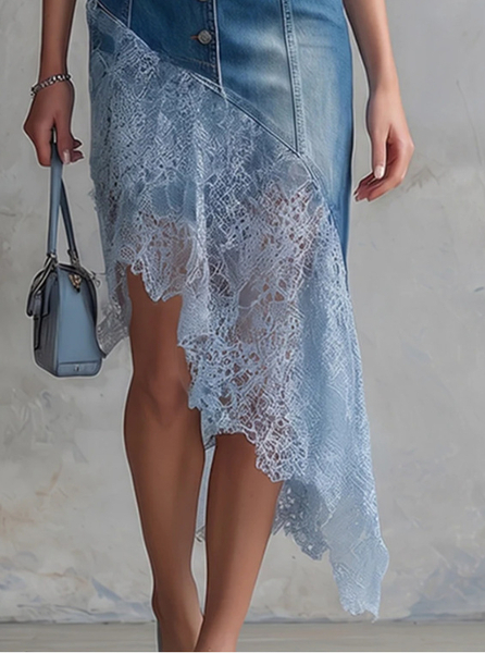 Blue Vintage Elegant Lace-Trim Asymmetric Hem Blue Denim Midi Skirt