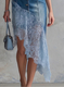 Blue Vintage Elegant Lace-Trim Asymmetric Hem Blue Denim Midi Skirt