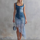 Blue Vintage Elegant Lace-Trim Asymmetric Hem Blue Denim Midi Skirt