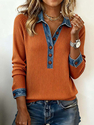 Women's Denim Collar Long Sleeve Spliced Knit Pullover Top