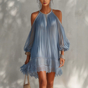 Blue Bohemian Halter Off-Shoulder Pleated Chiffon Dress With Puff Sleeves