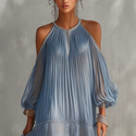 Blue Bohemian Halter Off-Shoulder Pleated Chiffon Dress With Puff Sleeves