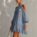 Blue Bohemian Halter Off-Shoulder Pleated Chiffon Dress With Puff Sleeves