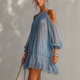Blue Bohemian Halter Off-Shoulder Pleated Chiffon Dress With Puff Sleeves