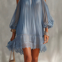 Blue Bohemian Halter Off-Shoulder Pleated Chiffon Dress With Puff Sleeves