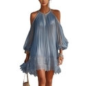 Blue Bohemian Halter Off-Shoulder Pleated Chiffon Dress With Puff Sleeves