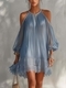 Blue Bohemian Halter Off-Shoulder Pleated Chiffon Dress With Puff Sleeves